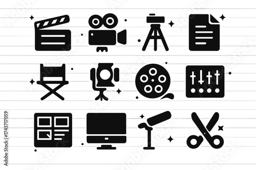 Film Production Icons. Film Production. Solid icons set of Film Production: clapperboard, video camera, tripod, script, director chair, spotlight, film reel,