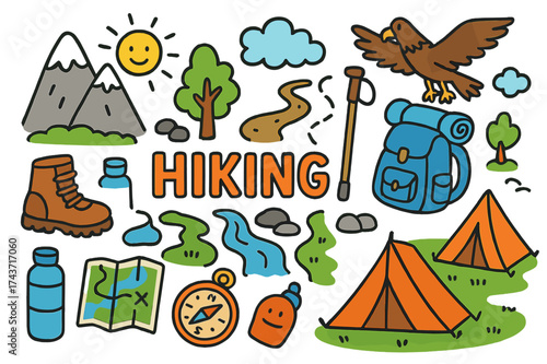 Colorful Hiking Doodle. Hiking. Colorful Hand-drawn doodle Children illustration Mountain, hiking boots, backpack, walking stick, trail, compass, water bottle,