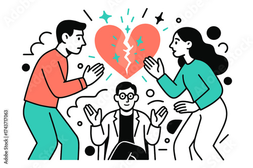 Heartfelt Reconciliation. Conflict Resolution. A glowing broken heart rejoined by abstract floating spark and star shapes, couple and counselor symbolizing