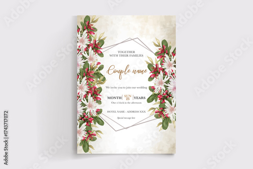 WEDDING INVITATION FRAME WITH FLOWER DECORATIONS AND FRESH LEAVES
