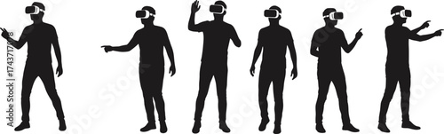 Silhouettes of six people wearing VR headsets in interactive poses, black vector design showing virtual reality, technology, immersion, and engagement