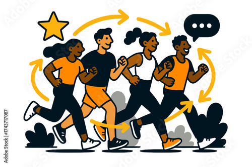 Dynamic Park Jogging. Group run. Friends jogging together in the park, glowing arrows forming unity around them. Floating star and chat icons showing