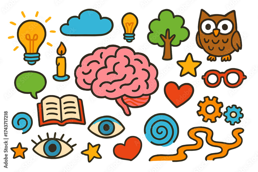 Fototapeta premium Mind Doodle Icons. Mind. Colorful Hand-drawn doodle Children illustration Brain, lightbulb, cloud, book, eye, heart, spiral, star, speech bubble, owl, candle,