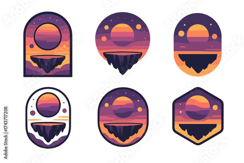 Planetary Emblem Variations. A planet with multiple moons and colorful skies. Set Logo of A planet with multiple moons and colorful skies: Floating island