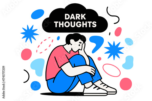 Emotional Shadow Cloud. Dark Thoughts. A person sitting under a glowing shadow cloud, abstract floating sparks symbolizing emotions in darkness. Modern