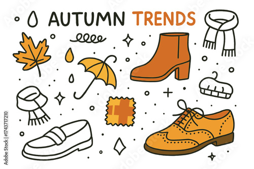 Stylish Autumn Accessories. Autumn Trends. Hand-drawn doodle illustration ankle boot (colored), loafer, oxford (colored), leaf, umbrella (colored), scarf,