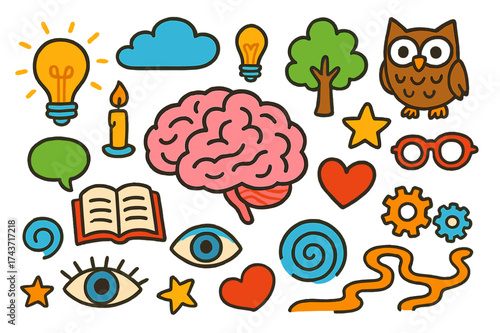 Mind Doodle Icons. Mind. Colorful Hand-drawn doodle Children illustration Brain, lightbulb, cloud, book, eye, heart, spiral, star, speech bubble, owl, candle,