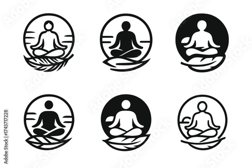 Serenity Badge Variations. Letting go of stress from the day. Set Logo of serenity badge: circular emblem with meditating figure, sunset, and
