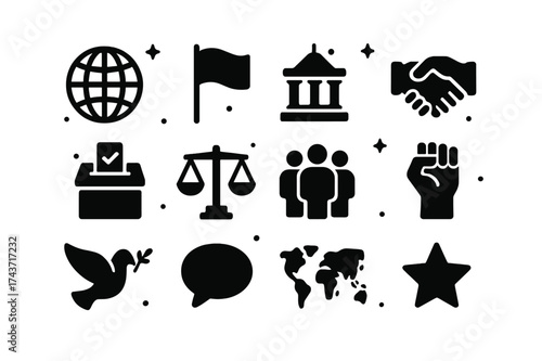 Global Democracy Icons. Global democracy. Solid icons set of Global democracy: globe, flag, parliament building, handshake, ballot box, scales of justice,