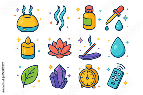 Essential Oils Icons. Essential Oils Diffuser. Colorful isometric vector icons set of essential oils diffuser: diffuser device, aroma steam, essential oil