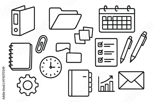 Organizational Doodle Icons. Organization. Hand-drawn doodle illustration organization binder, folder, calendar, checklist, sticky notes, paperclip, notebook,