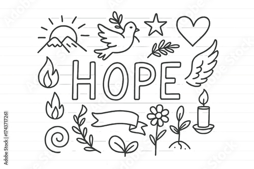 Hope Doodle Composition. Hope. Hand-drawn doodle illustration of Hope. sunrise, dove, heart, star, laurel