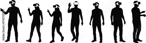 Silhouettes of six people wearing VR headsets in interactive poses, black vector design showing virtual reality, technology, immersion, and engagement