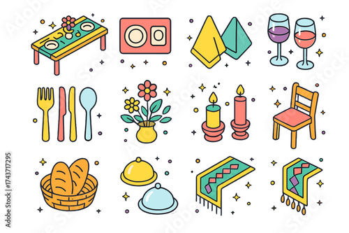 Colorful Dinner Icons. Dinner Party. Colorful isometric vector icons set of Dinner Party: long dining table, placemats, napkins, wine glasses, cutlery, plates,