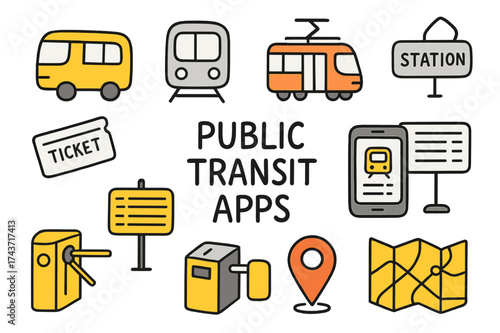 Doodle Transit Icons. Public Transit Apps. Hand-drawn doodle illustration bus (colored), subway train, tram (colored), metro ticket, timetable board (colored),
