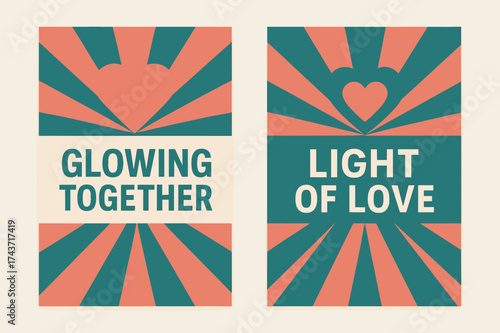 Glowing Together Banners. Glowing Together. Two vertical A6 banners with safe margins, centered composition, no elements touching edges, geometric style, coral