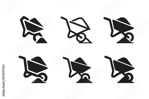 Wheelbarrow Logo Variations. Wheelbarrow with cement. Set Logo of tilted wheelbarrow: cement being poured out. harmonious logo variations of the same