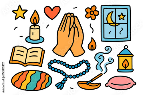 Silent Prayer Doodles. Silent Prayer. Colorful Hand-drawn doodle Children illustration candle, book, rug, beads, incense, hands, heart, star, moon, lantern,