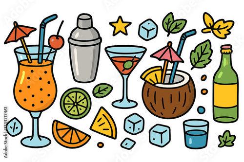 Vibrant Cocktail Doodles. Cocktails. Colorful Hand-drawn doodle Children illustration Cocktail glass, shaker, umbrella, straw, lime slice, cherry, ice cubes,