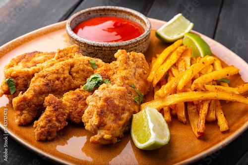 Homemade Crispy Chicken Strips with lime and ketchup and French Fries in a plate on a black wooden table close up