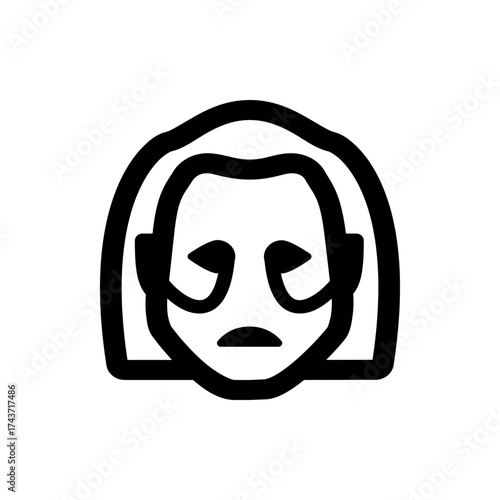 Illustration of a sad face with downturned eyes and mouth and a simple hairstyle in black and white