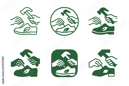 Eco Shoe Logos. Creating eco-friendly shoes from recycled rubber. Set Logo of Creating eco-friendly shoes from recycled rubber: Workshop handcrafting a shoe.