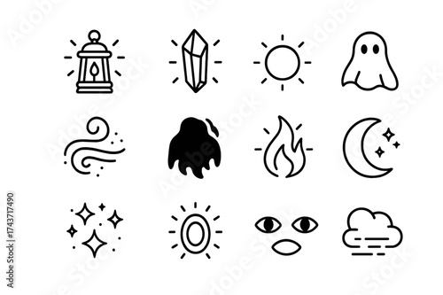 Mystic Glow Icons. Mystic glow objects. Line icon set of Mystic glow objects: enchanted lantern, crystal shard, glowing orb, phantom figure, mist swirl,