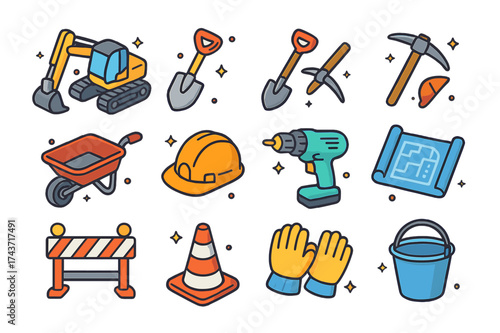 Isometric Construction Icons. Site Digging. Colorful isometric vector icons set of site digging: excavator, bulldozer, shovel, pickaxe, wheelbarrow, hard hat,