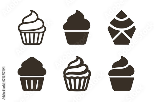 Cupcake Logo Variations. Cupcake decorations. Set Logo of Baking: decorated cupcake icon. harmonious logo variations of the same emblematic concept, each with
