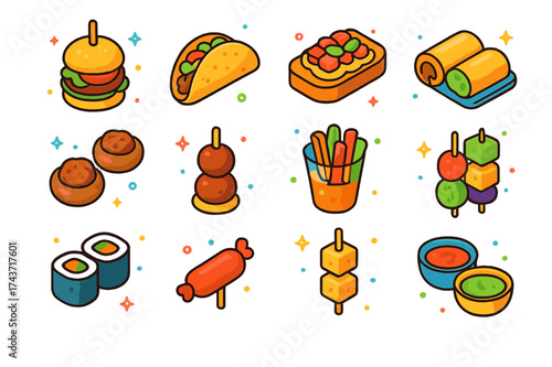 Colorful Party Bites. Party bites. Colorful isometric vector icons set of party bites: sliders, mini tacos, bruschetta, spring rolls, stuffed mushrooms,