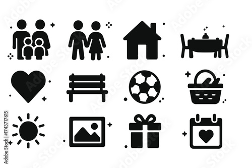 Family Time Icons. Family time. Solid icons set of Family time: parents, siblings, home, dining table, calendar, heart, park bench, ball, picnic basket, sun,