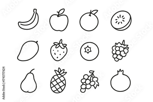 Fresh Fruit Icons. Fresh Fruits. Line icon set of Fresh Fruits: banana, apple, orange, kiwi, mango, strawberry, blueberry, raspberry, pear, pineapple, grapes,
