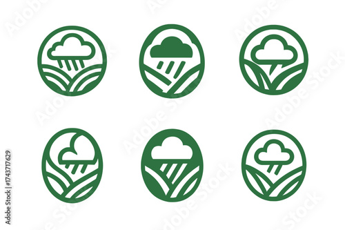 Monsoon Agriculture Emblems. Impact of monsoons on tropical agriculture. Set Logo of agricultural badge: circular emblem combining cloud, water, and crops.