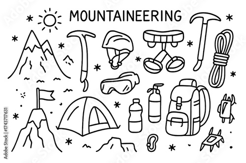 Mountaineering Gear Doodle. Mountaineering. Hand-drawn doodle illustration mountaineering mountain, ice axe, rope, harness, crampons, helmet, backpack, flag,