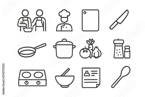Gourmet Travel Icons. Gourmet travel class. Line icon set of Gourmet travel class: travelers cooking, chef instructor, cutting board, knife, frying pan, pot,