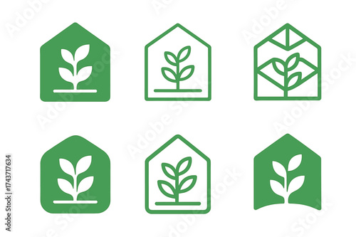 Greenhouse Logo Variations. Plant expansion plan. Set Logo of Plant Expansion: greenhouse. harmonious logo variations of the same emblematic concept, each with