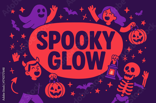 SpookyGlow Banner Extravaganza. SpookyGlow banner, flat vector illustration, bold oversized text inside rounded blob, cartoon characters jumping and shouting