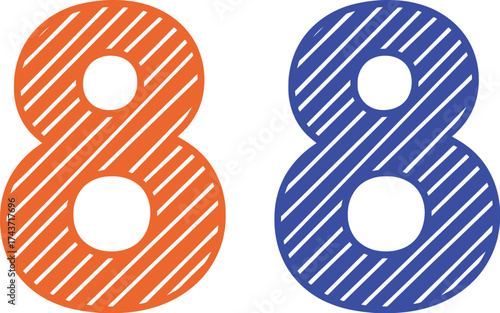 Isolated orange number eight with diagonal lines on white background