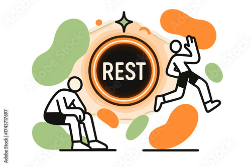 Rest Timer Art. Break Timer. A glowing timer displaying ?Rest,? abstract floating spark and calm shapes symbolizing recovery between sets. Modern flat-line
