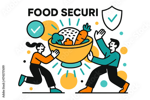 Secure Food Icon. Food Security. A glowing bowl filled with grains and vegetables, abstract floating shield and checkmark icons symbolizing protection and