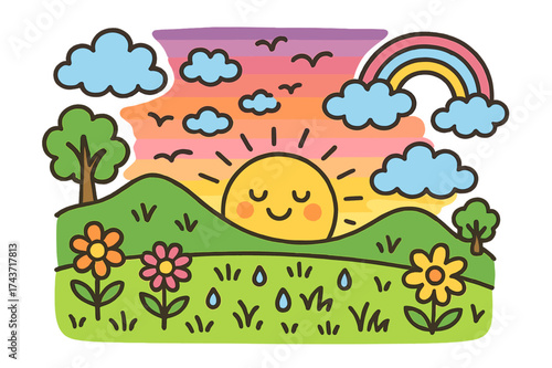 Sunrise Doodle Delight. Sunrise Sky. Colorful Hand-drawn doodle Children illustration Sun peeking over the hills, purple and orange sky, fluffy clouds, birds