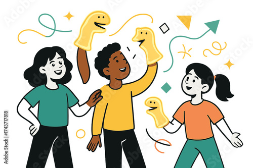 Colorful Puppet Show. Puppet show prep. Glowing sock puppets held by children, abstract floating light lines and geometric shapes emphasizing playfulness and