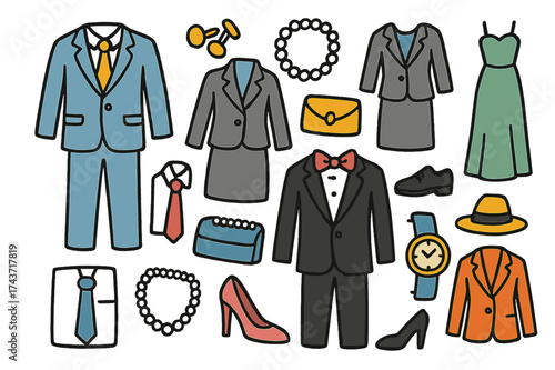 Colorful Formal Attire Icons. Formal wear. Colorful Hand-drawn doodle Children illustration Formal wear suit, tie, white shirt, dress shoes, skirt suit, pearl