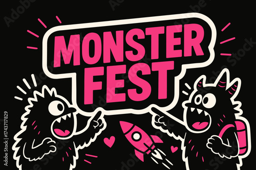 MonsterFest Neon Celebration. MonsterFest banner, flat vector illustration, bold oversized text inside sticker outline shape, cartoon characters shouting and