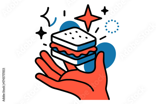 Floating Sandwich Magic. Appetizer Delight. A glowing hand holding a small sandwich, abstract floating spark and star shapes symbolizing taste and joy. Modern