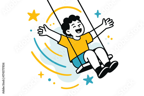 Swinging into Freedom. Flying high. A child swinging upward with arms stretched wide, glowing arcs and abstract stars floating to symbolize freedom and