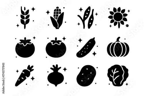 Sustainable Crop Icons. Sustainable Crops. Solid icons set of Sustainable Crops: wheat stalk, corn cob, rice plant, soybean pod, sunflower, tomato, cucumber,