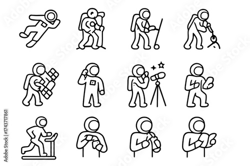 Astronaut Icon Set. Astronaut activities. Line icon set of astronaut activities: floating, walking on Moon, using tool, taking sample, repairing satellite,