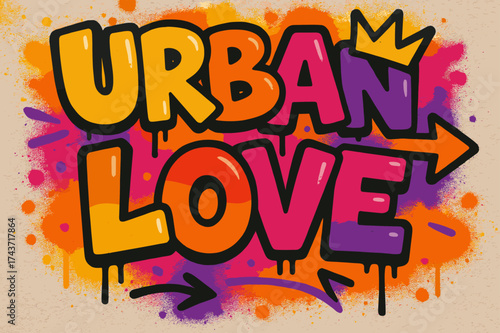 Urban Love Graffiti. Urban Love ? Graffiti Simplified with chunky tilted bubble letters; dripping black contours; arrows and crowns; flat spray fills; palette