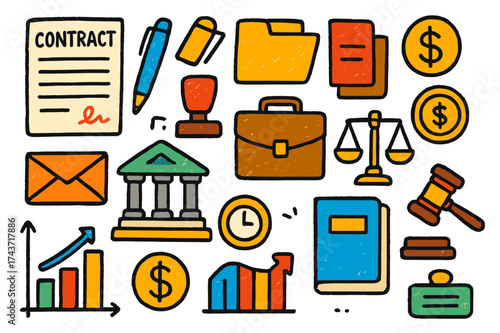 Legal Doodles Collection. Legal Documents. Colorful Hand-drawn doodle Children illustration contract paper, pen, folder, stamp, envelope, briefcase, book,